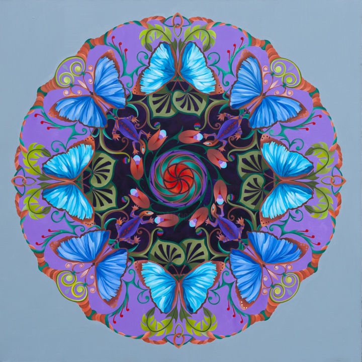 Painting titled "Butterflies Mandala" by Eugenia Deniseva, Original Artwork, Oil Mounted on Wood Stretcher frame