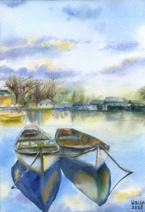 Картина под названием "Две лодки на речке…" - Валентина Мороз, Подлинное произведение искусства, Акварель