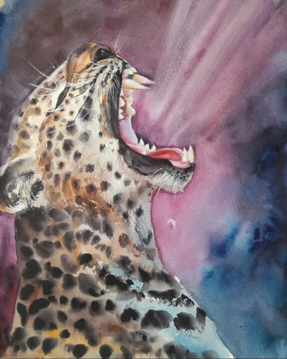 Painting titled "Leopard" by Valentina Moroz, Original Artwork, Watercolor
