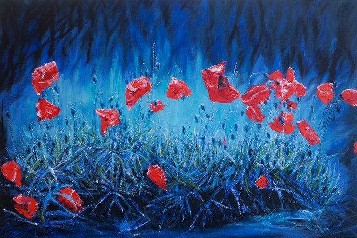 Painting titled "Red poppies on blue…" by Valeryia Panova, Original Art, Oil