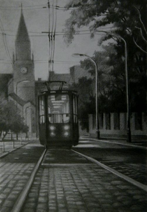 Drawing titled "A tram of Desires" by Oleksandr Volodymyrets, Original Artwork, Pencil