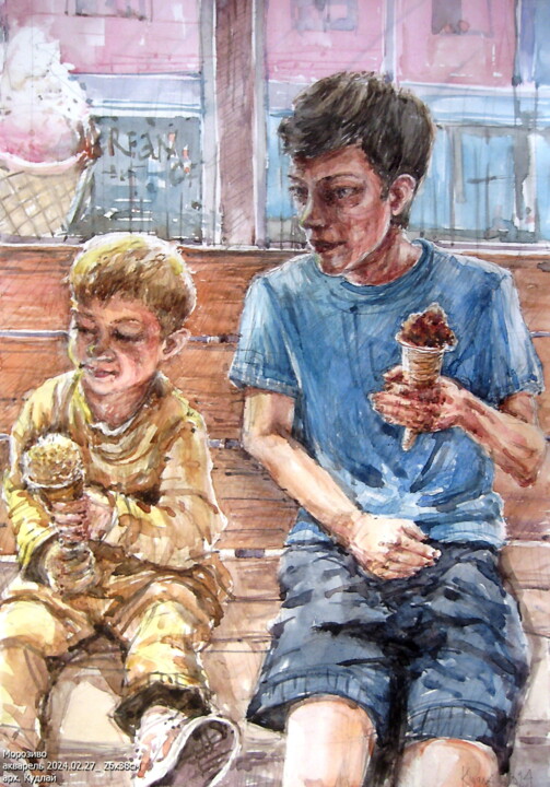 Картина под названием "Морозиво" - Володимир Кудлай, Подлинное произведение искусства, Акварель