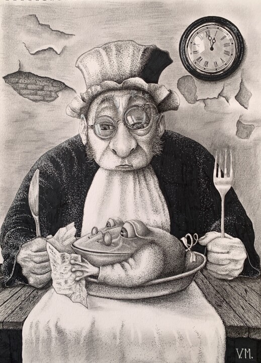 Drawing titled "It's one o'clock an…" by Volodimir Moldavskyi, Original Artwork, Ink