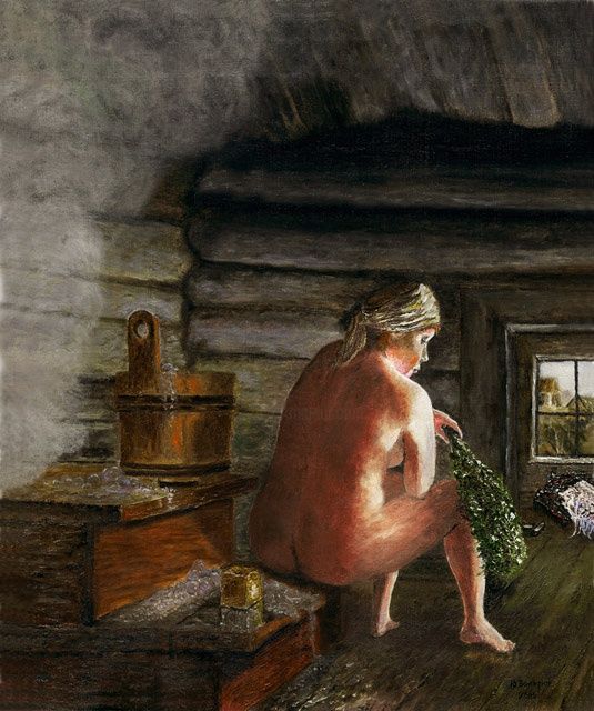 Painting titled "В деревенской бане" by Tettet, Original Artwork, Oil