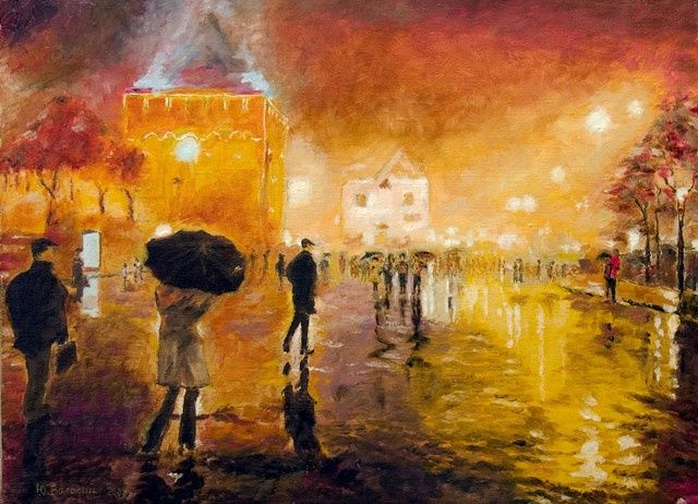Painting titled "Дождливый вечер" by Tettet, Original Artwork, Oil