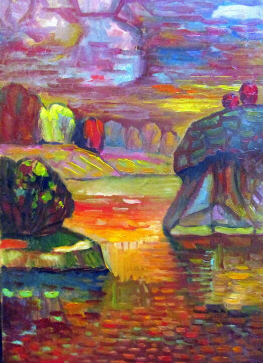 Картина под названием "поздний вечер на ре…" - Владимир Черемных, Подлинное произведение искусства, Масло