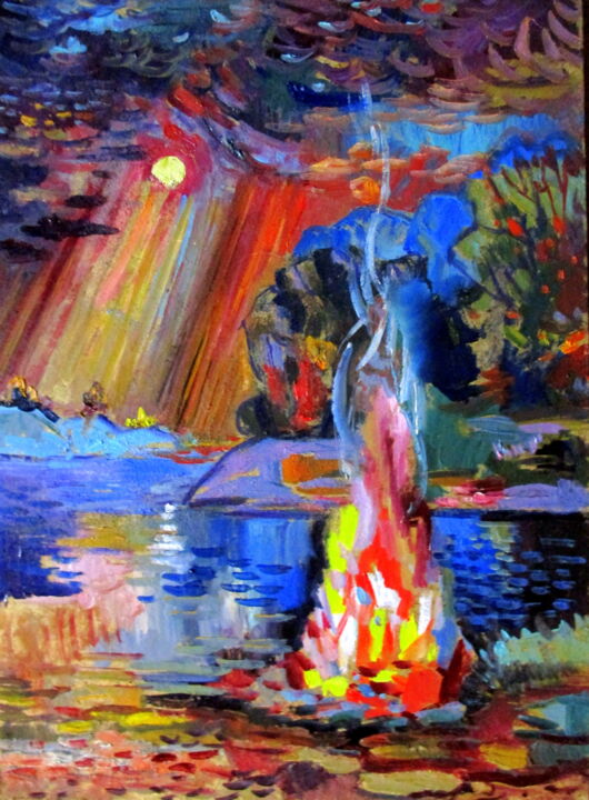 Картина под названием "пейзаж с костром на…" - Владимир Черемных, Подлинное произведение искусства, Масло