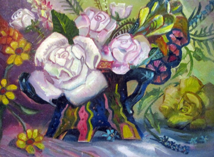 Картина под названием "натюрморт с розами" - Владимир Черемных, Подлинное произведение искусства, Масло
