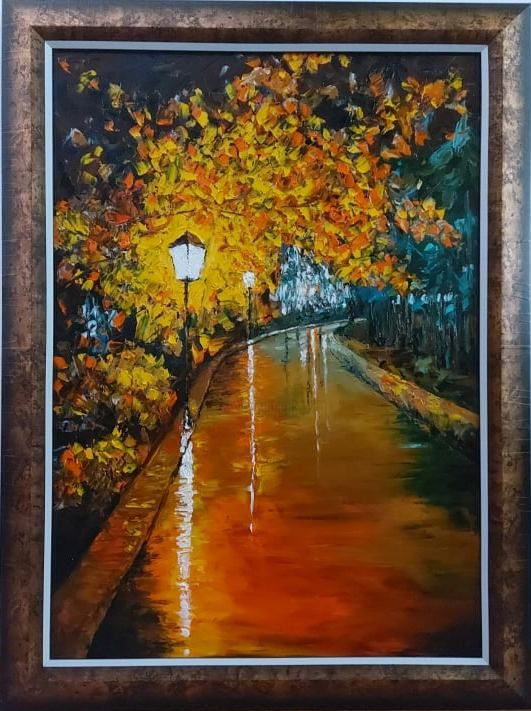 Painting titled "Lantern in the rain" by Volodya Hubanov, Original Artwork, Oil Mounted on Wood Panel
