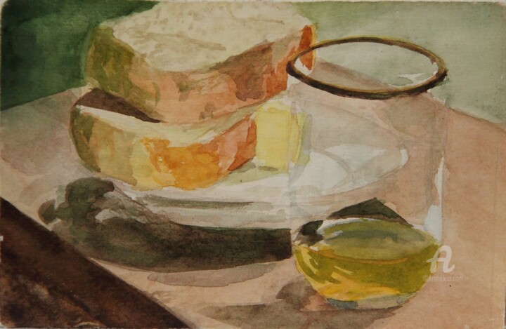 Painting titled "3, Tea and bread, M…" by Volodymyr Chukhas, Original Artwork, Watercolor
