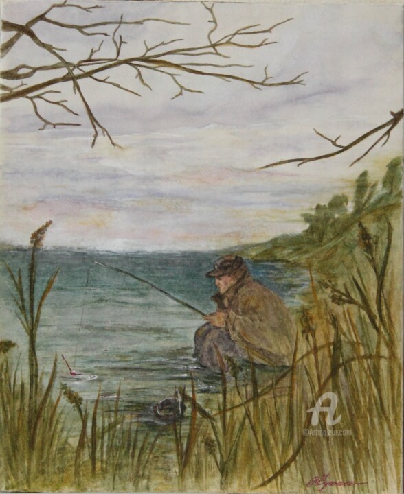 Painting titled "20, On fishing, mar…" by Volodymyr Chukhas, Original Artwork, Watercolor