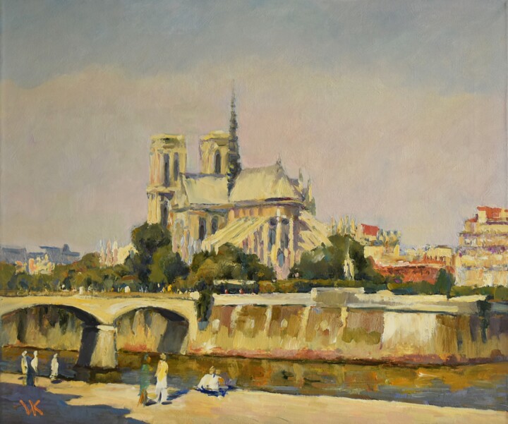 Painting titled "NOTRE DAME" by Volodymyr Kolesnyk, Original Artwork, Oil Mounted on Wood Stretcher frame