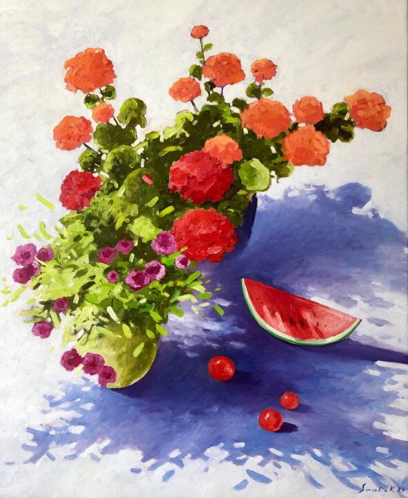 Painting titled "Flowers with waterm…" by Volodymyr Smoliak, Original Artwork, Oil Mounted on Wood Stretcher frame