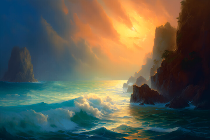 Digital Arts titled "Rocky coastline №2" by Volodymyr Yaremchuk, Original Artwork, Digital Painting