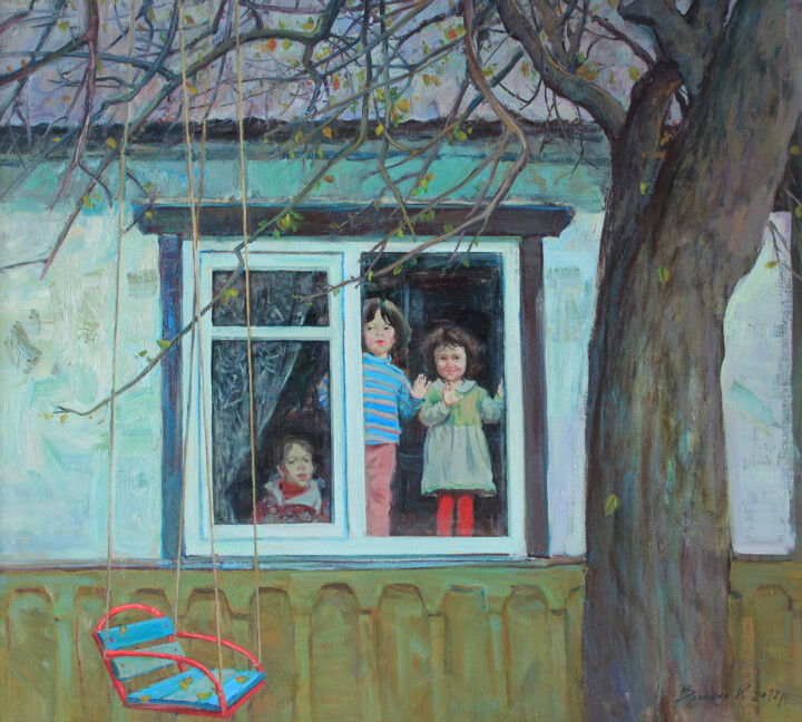 Schilderij getiteld "Мама пришла..." door Voloshko Karina, Origineel Kunstwerk, Olie