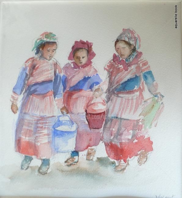 Pintura intitulada "marché au Vietnam" por Volpert, Obras de arte originais