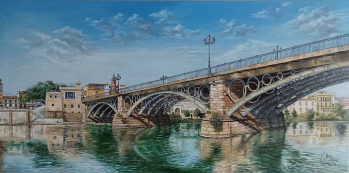 Painting titled "De Sevilla a Triana" by V.Oña, Original Artwork, Oil Mounted on Wood Stretcher frame