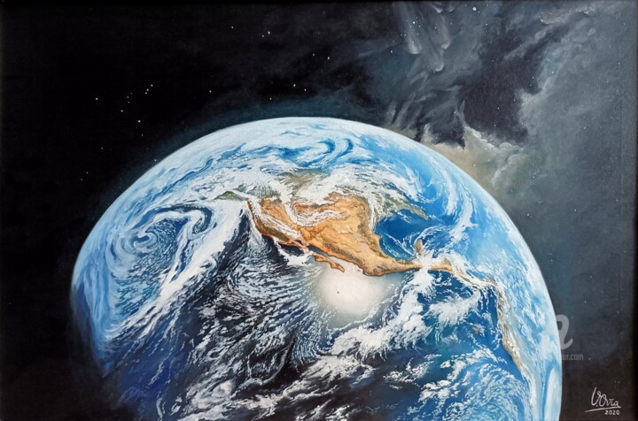 Schilderij getiteld "Earth (Tierra)" door V.Oña, Origineel Kunstwerk, Olie Gemonteerd op Frame voor houten brancard