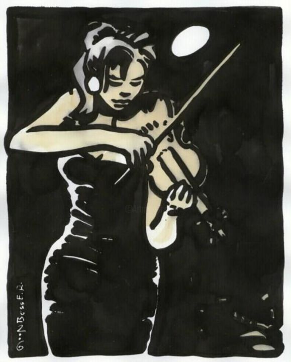 Dessin intitulée "Jazz Violin-Girl" par E.R.Bess, Œuvre d'art originale