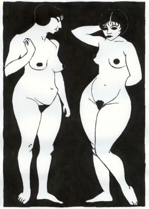 Dessin intitulée "zwei Frauen" par E.R.Bess, Œuvre d'art originale