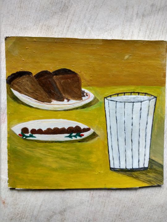 Schilderij getiteld "чёрный хлеб и молоко" door Vovs Melnik, Origineel Kunstwerk