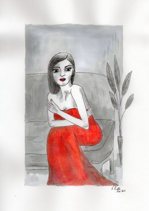 Картина под названием "Lady in red" - Virginie Piatti, Подлинное произведение искусства, Акварель Установлен на Деревянная п…