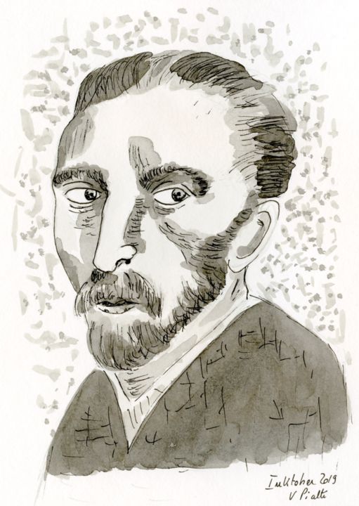 Drawing titled "Van Gogh" by Virginie Piatti, Original Artwork, Ink