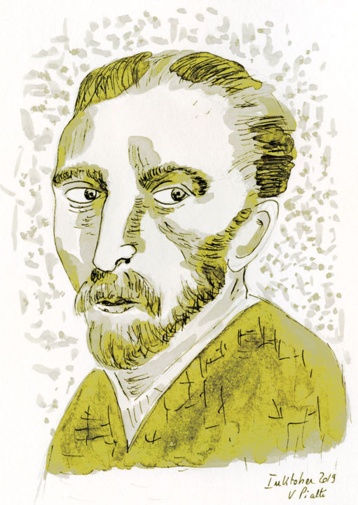 Drawing titled "Van Gogh jaune" by Virginie Piatti, Original Artwork, Ink