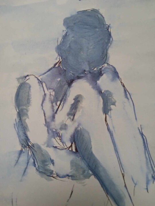 Картина под названием "Fille en bleu" - Virginie Piatti, Подлинное произведение искусства, Чернила