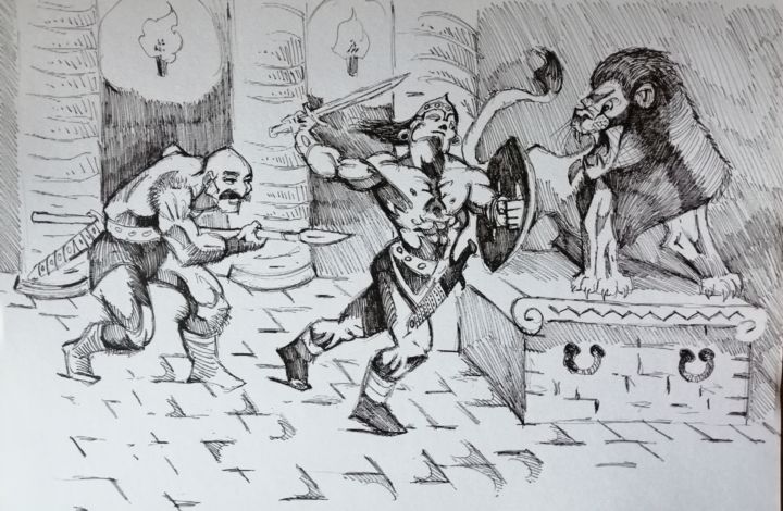 Dessin intitulée "Warrior versus lion" par Rade Vranjkovic, Œuvre d'art originale, Pochoir