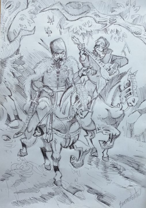 Drawing titled "Warrior and his com…" by Rade Vranjkovic, Original Artwork, Ballpoint pen