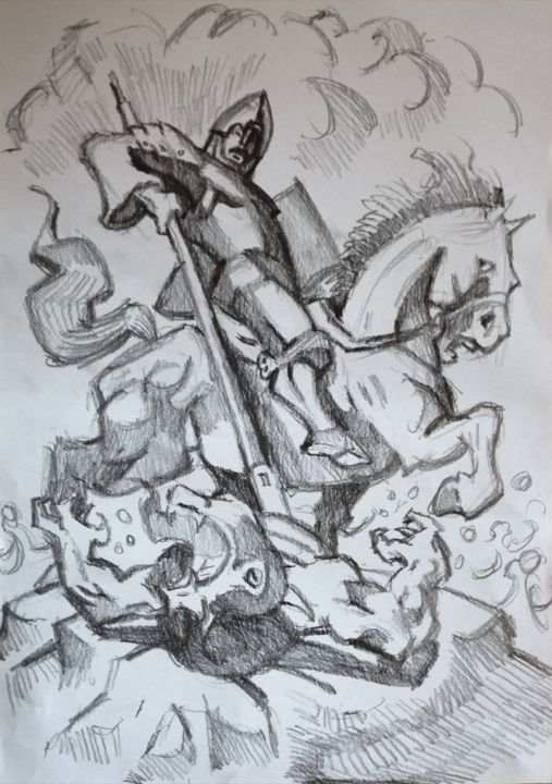 Drawing titled "Dragonkiller 1" by Rade Vranjkovic, Original Artwork, Stencil