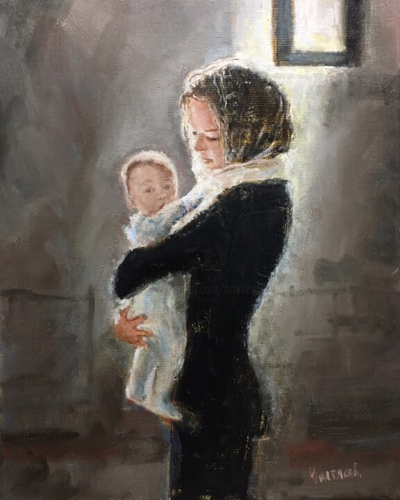 Painting titled "Girl and little bab…" by Vsevolod Chistiakov, Original Artwork, Oil