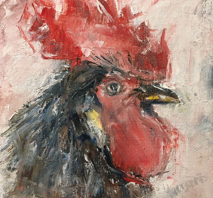 Painting titled "Rooster Miniature C…" by Vsevolod Chistiakov, Original Artwork, Oil