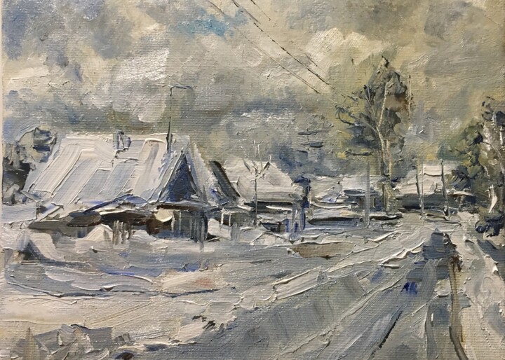 Malerei mit dem Titel "Village in winter D…" von Vsevolod Chistiakov, Original-Kunstwerk, Öl