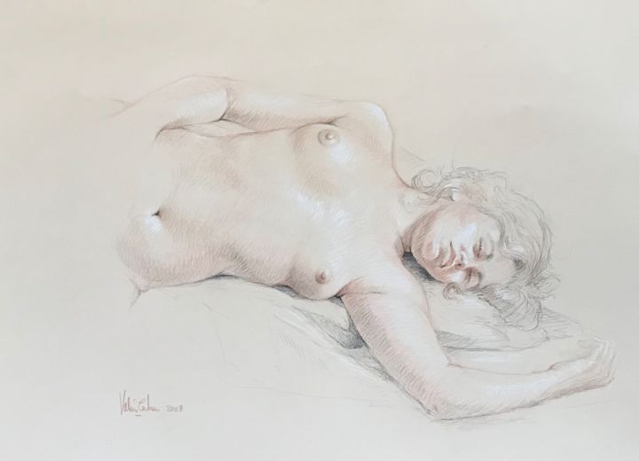 Drawing titled "Gabrielle endormie,…" by V. Tertrais, Original Artwork, Pencil