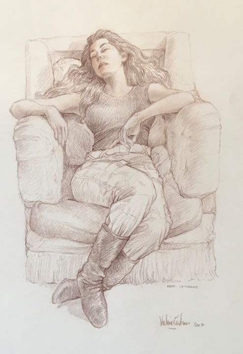 Drawing titled "La sieste d’Estelle…" by V. Tertrais, Original Artwork, Conté