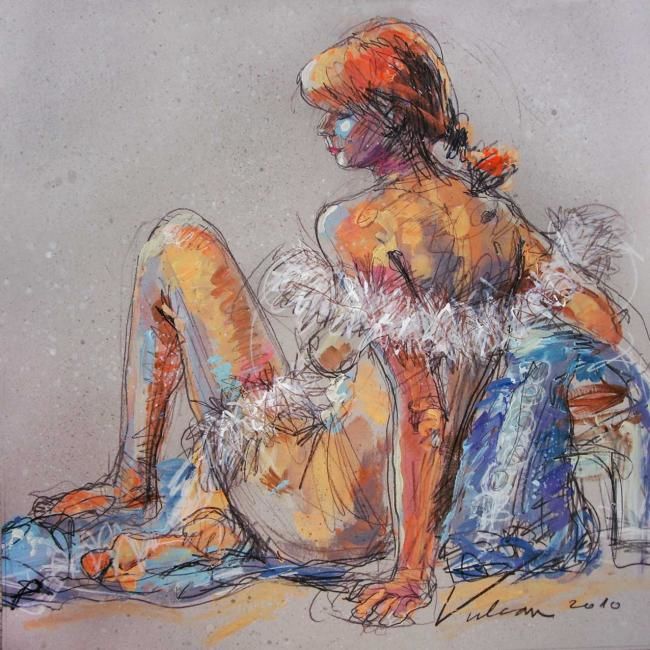 Painting titled "Rousse Au Boa" by Raluca Vulcan, Original Artwork