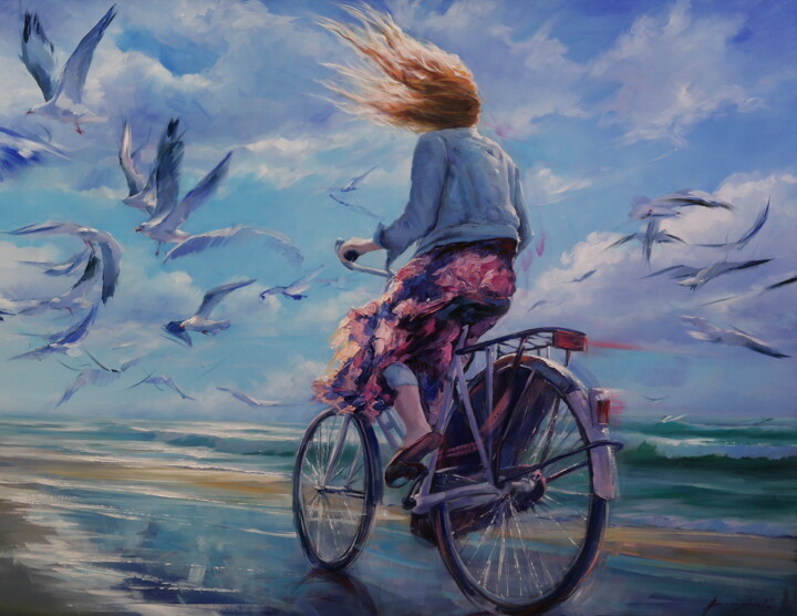 Painting titled ""OUTRUN THE WIND"" by Elena And Gennady Vylusk (Goshiki), Original Artwork, Oil Mounted on Wood Stretcher f…