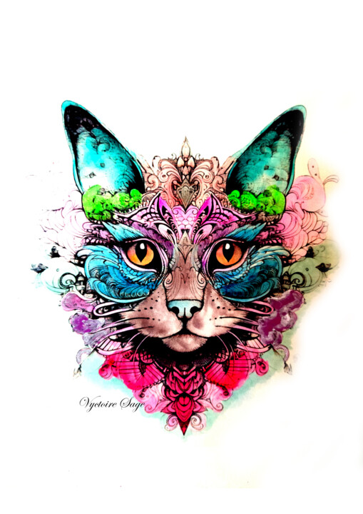 Arts numériques intitulée "Cat magic" par Vyctoire Sage, Œuvre d'art originale, Travail numérique 2D