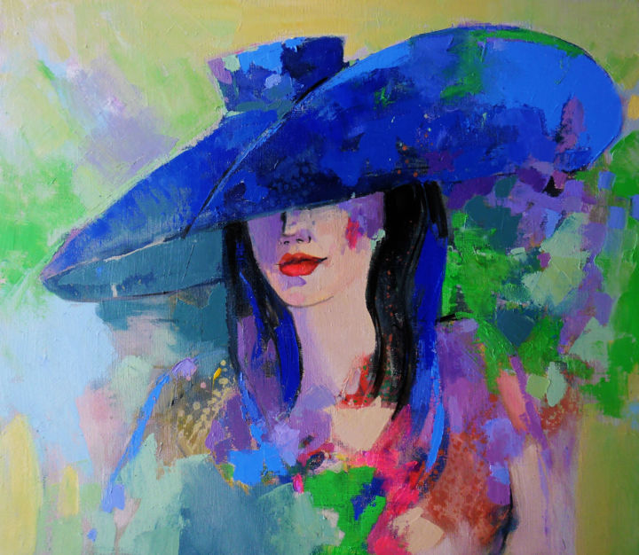 Painting titled "blue hat" by Victoria Cozmolici, Original Artwork, Oil