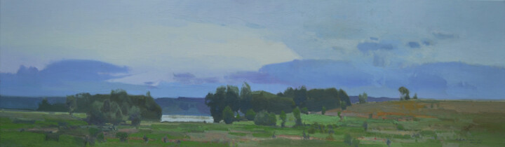 Pittura intitolato "Evening by the Lake" da Vytautaslaisonas, Opera d'arte originale, Olio