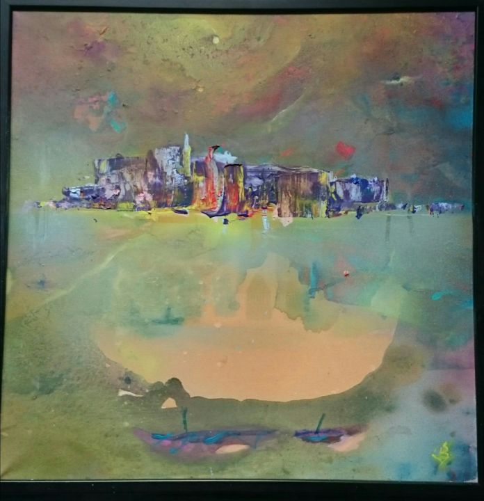 Painting titled "City by lake" by Wladimir Abramuszkin, Original Artwork, Acrylic