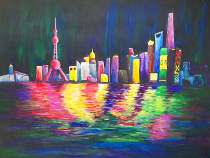 Painting titled "Shanghai Bund Skyli…" by Wabyanko, Original Artwork, Acrylic