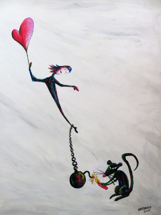 Pintura titulada "Romantic flying man…" por Wabyanko, Obra de arte original, Acrílico