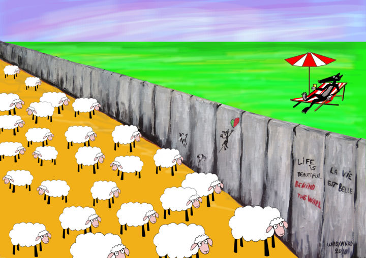 Arts numériques intitulée "Wall wolf sheeps" par Wabyanko, Œuvre d'art originale, Peinture numérique