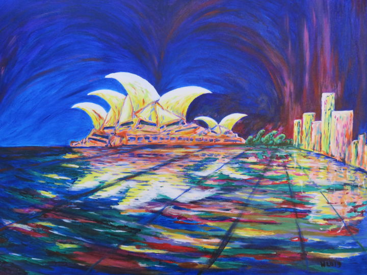 Painting titled "Sydney Opera Skyline" by Wabyanko, Original Artwork, Acrylic Mounted on Other rigid panel