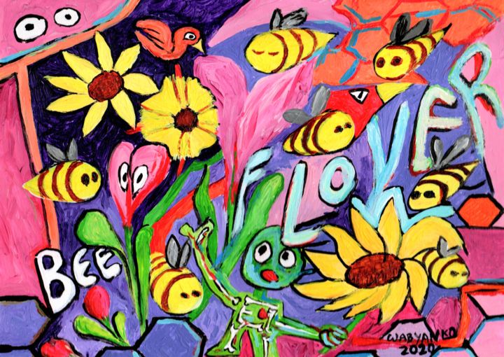 Painting titled "Bee Love Flowers" by Wabyanko, Original Artwork, Acrylic