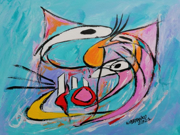 Painting titled "Abstract cat" by Wabyanko, Original Artwork, Acrylic