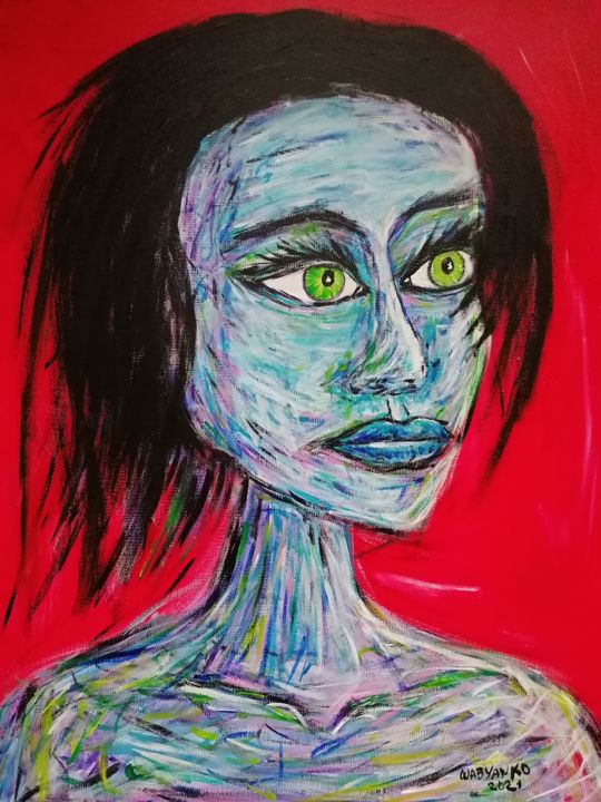 Painting titled "Portrait Woman Blue" by Wabyanko, Original Artwork, Acrylic Mounted on Wood Stretcher frame